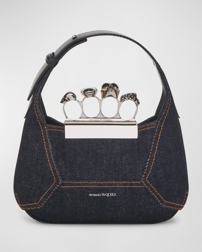 Shop Alexander Mcqueen Mini Skull Jewel Denim Top-handle Bag In Denim Black