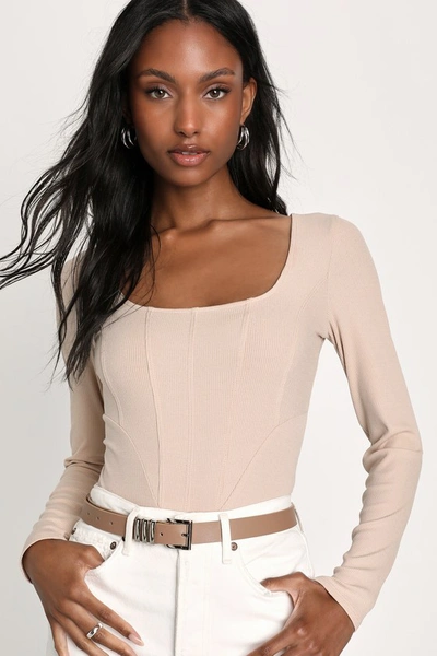 Lulus Style Skills Beige Ribbed Knit Long Sleeve Corset Bodysuit In Beige