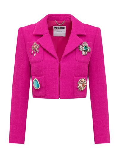 Shop Moschino Embellished Long Sleeved Jacket In Pink
