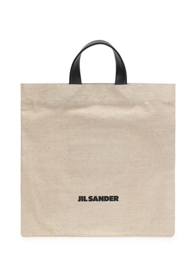 Shop Jil Sander Logo Printed Square Shape Tote Bag In Beige