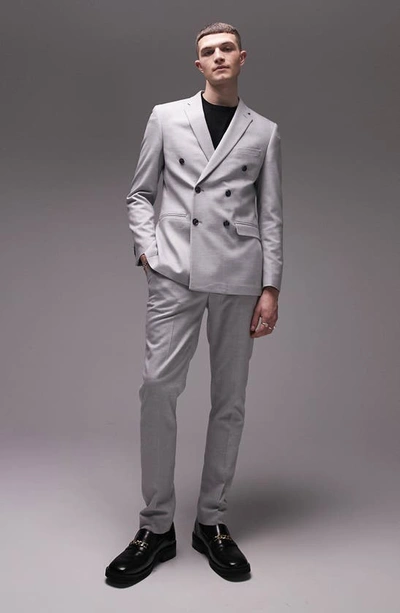 Shop Topman Skinny Fit Herringbone Double Breasted Suit Jacket In Grey