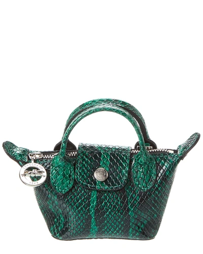 Shop Longchamp Le Pliage Cuir Exotiq Xxs Snake-embossed Leather Pouch In Green