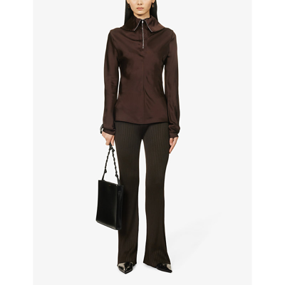 Shop Jil Sander Womens Brown Elasticated-waistband Ribbed-texture Flared-leg Mid-rise Woven Trousers In Dark Brown