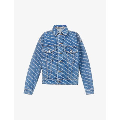 Alexander Wang Logo Print Denim Jacket In Deep Blue White