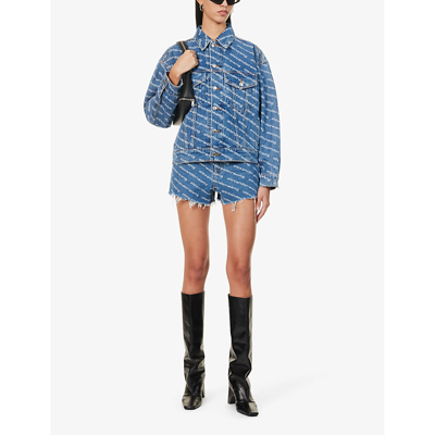 Alexander Wang Logo Print Denim Jacket In Deep Blue White