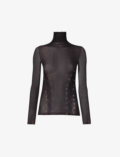 Shop Acne Studios Denise High-neck Abstract-pattern Mesh Top In Dark Brown