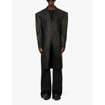 Shop Rick Owens Men's Black Edfu Peaked-lapel Regular-fit Leather Coat