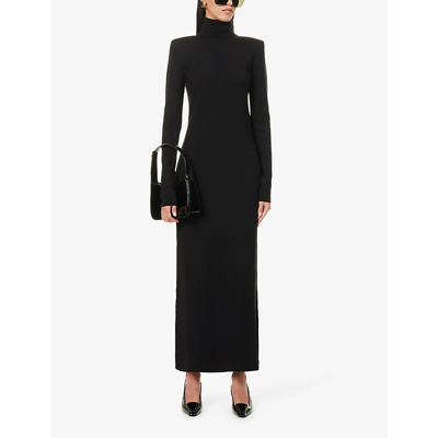 Shop Saint Laurent Women's Noir Turtleneck Padded-shoulder Wool Knitted Maxi Dress