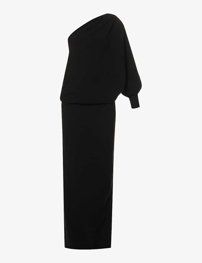 Shop Saint Laurent Women's Noir One-shoulder Asymmetric-neck Cashmere Knitted Maxi Dress