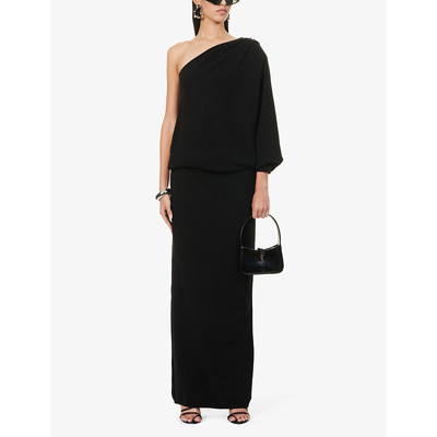 Shop Saint Laurent Women's Noir One-shoulder Asymmetric-neck Cashmere Knitted Maxi Dress