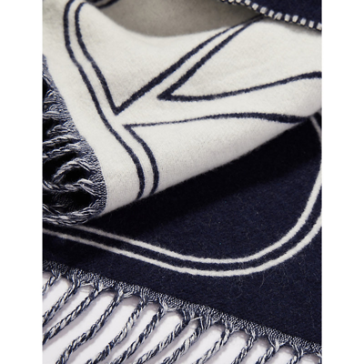 Shop Valentino Garavani Men's Navy Avorio Vlogo Fringed Wool And Cashmere-blend Scarf