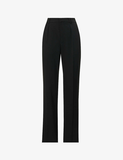 Shop Saint Laurent Women's Noir Straight-leg Mid-rise Wool Trousers