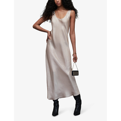 Shop Allsaints Women's Pink Pearl Cody Scoop-neck Satin Recycled-polyester Midi Dress