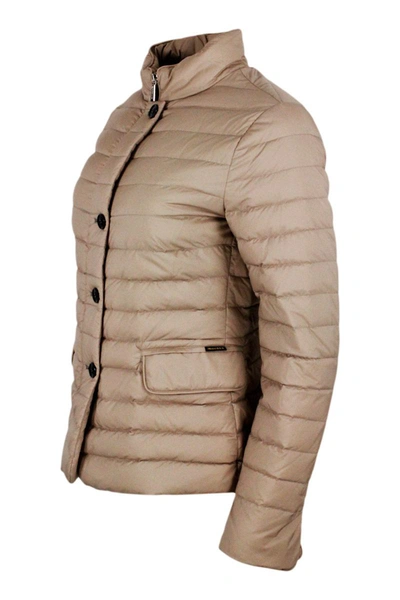 Moorer Light Down Jacket With Zip And Button Closure With Front Flap Pockets In Brown