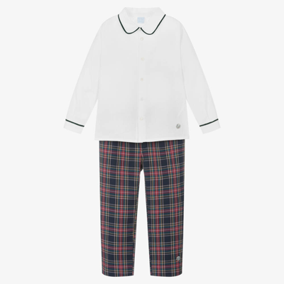 Shop Artesania Granlei Boys Ivory & Blue Tartan Trousers Set