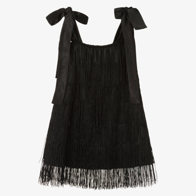 Shop The Tiny Universe Girls Black Satin Fringed Dress