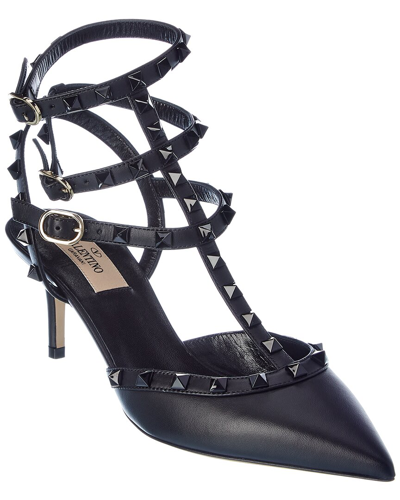 Shop Valentino Rockstud Caged 65 Leather Ankle Strap Pump