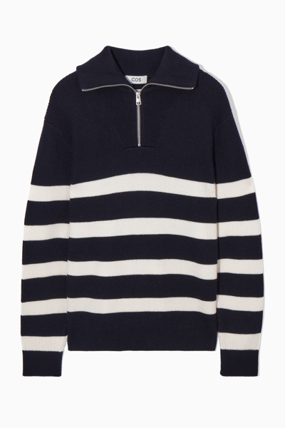 Shop Cos Wool And Cotton-blend Half-zip Sweater In Blue
