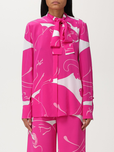 Shop Valentino Shirt In Crepe De Chine With Panther Print In Pink