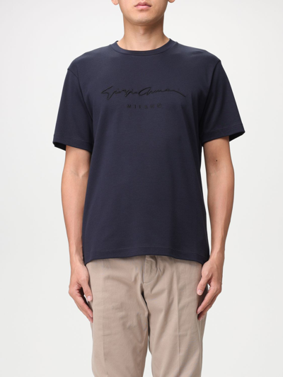 Shop Giorgio Armani Cotton T-shirt With Embroidery In Blue
