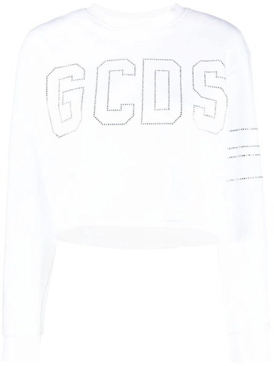 Shop Gcds Cropped Sweatshirt With Studded Logo In White