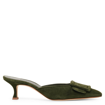 Shop Manolo Blahnik Maysale 50 Dark Green Suede Mules