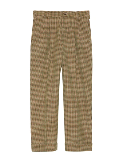 Shop Gucci Checked Wool Trousers With Patch In Brown
