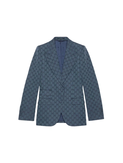 Shop Gucci Jacket In Linen And Gg Jacquard Cotton In Blue