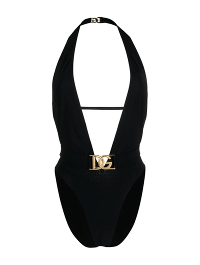Shop Dolce & Gabbana One-piece Swimsuit With Logo Plaque In Black