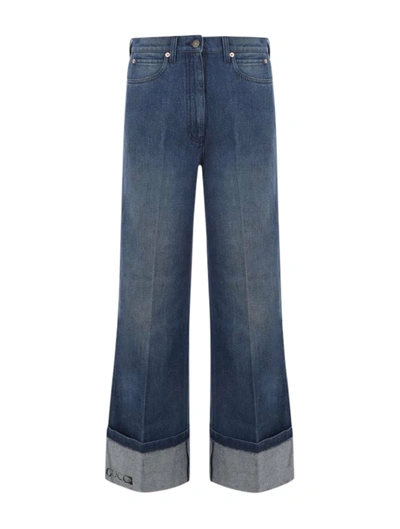 Shop Gucci Wide Leg Jeans In Denim In Blue