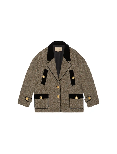 Shop Gucci Wool Coat With Herringbone Pattern In Grey