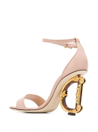 Shop Dolce & Gabbana 'baroque' Light Pink Sandals With Logo Heel In Leather Woman