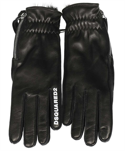 Shop Dsquared2 Logo Printed Leather Gloves In Black