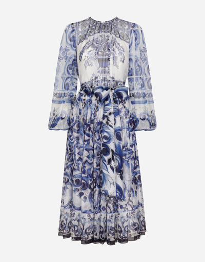 Shop Dolce & Gabbana Majolica Print Chiffon Midi Dress In Multicolor