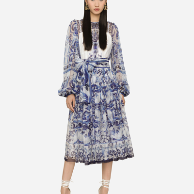 Shop Dolce & Gabbana Majolica Print Chiffon Midi Dress In Multicolor