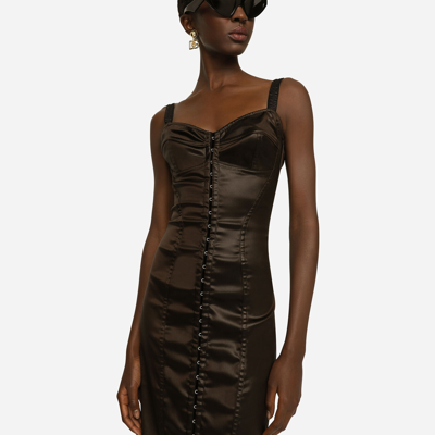 Shop Dolce & Gabbana Glossy Satin Calf-length Corset Dress In Brown