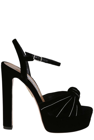 Shop Aquazzura Bow Detailed Open Toe Sandals In Black
