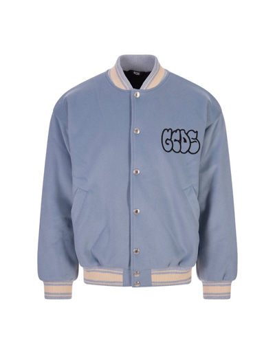 Shop Gcds Graffiti Logo Varsity Bomber Jacket In Blue