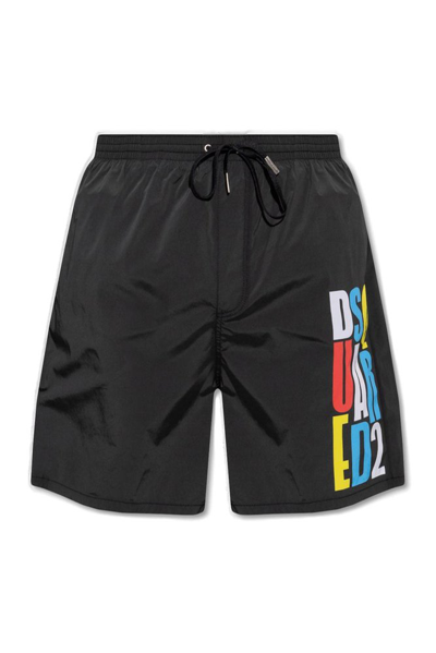 Shop Dsquared2 Logo Printed Drawstring Swim Shorts In Black