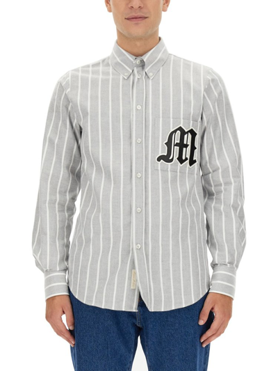 Shop Msgm Logo Patch Striped Buttoned Shirt In Grey