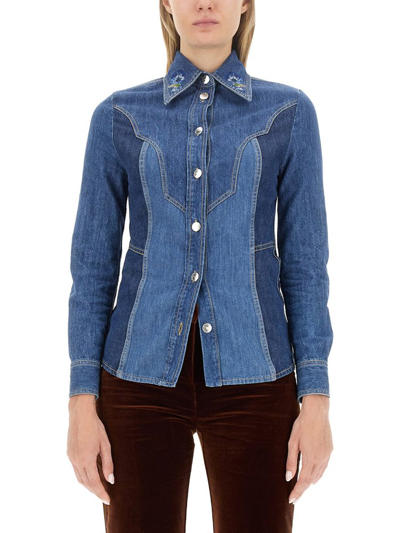 Shop Etro Floral Embroidered Button Up Denim Shirt In Blue