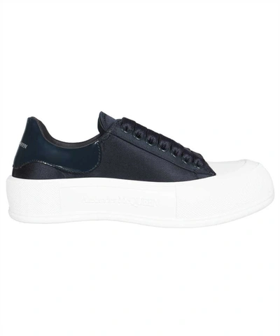 Shop Alexander Mcqueen Deck Plimsoll Satin Sneakers In Blue