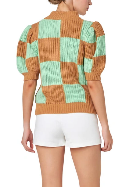 Shop English Factory Check Pattern Short Sleeve Shaker Stitch Sweater In Brown Green