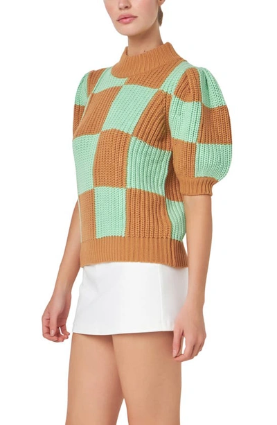 English Factory Check Pattern Short Sleeve Shaker Stitch Sweater In Brown Green