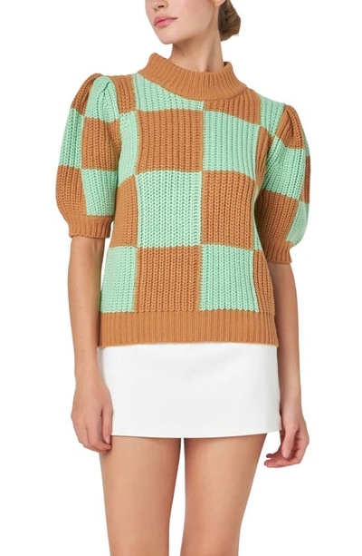 English Factory Check Pattern Short Sleeve Shaker Stitch Sweater In Brown Green