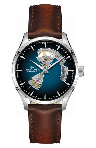 Shop Hamilton Jazzmaster Open Heart Leather Strap Watch, 40mm In Blue