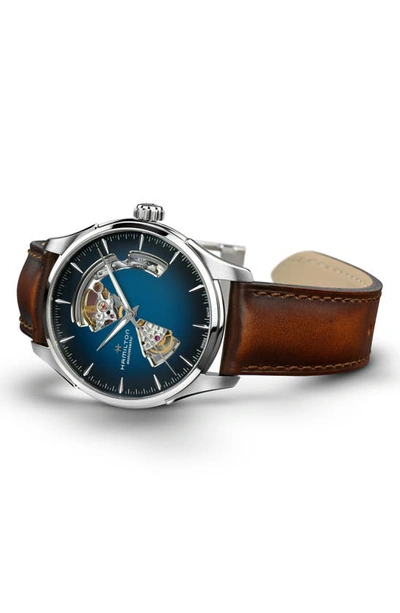 Shop Hamilton Jazzmaster Open Heart Leather Strap Watch, 40mm In Blue