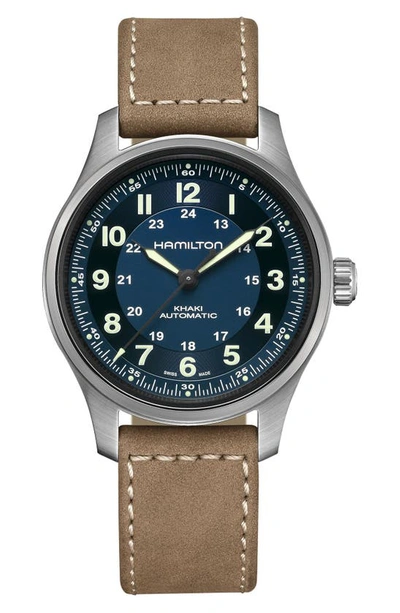Shop Hamilton Khaki Field Titanium Automatic Leather Strap Watch, 42mm In Blue