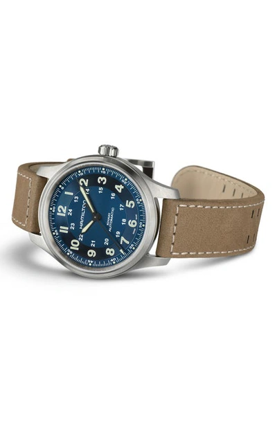 Shop Hamilton Khaki Field Titanium Automatic Leather Strap Watch, 42mm In Blue