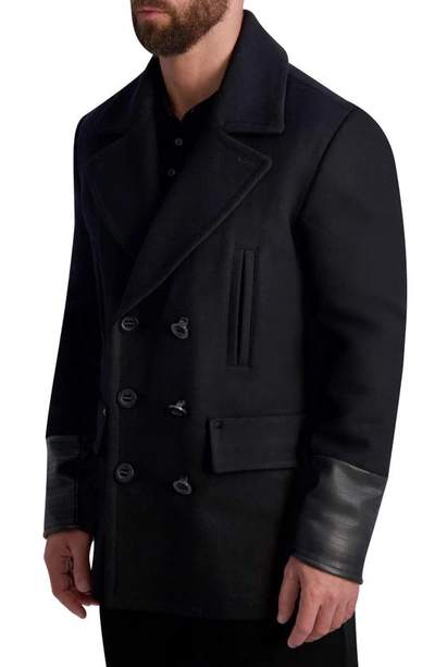 Shop Karl Lagerfeld Double Breasted Wool Blend Peacoat In Black